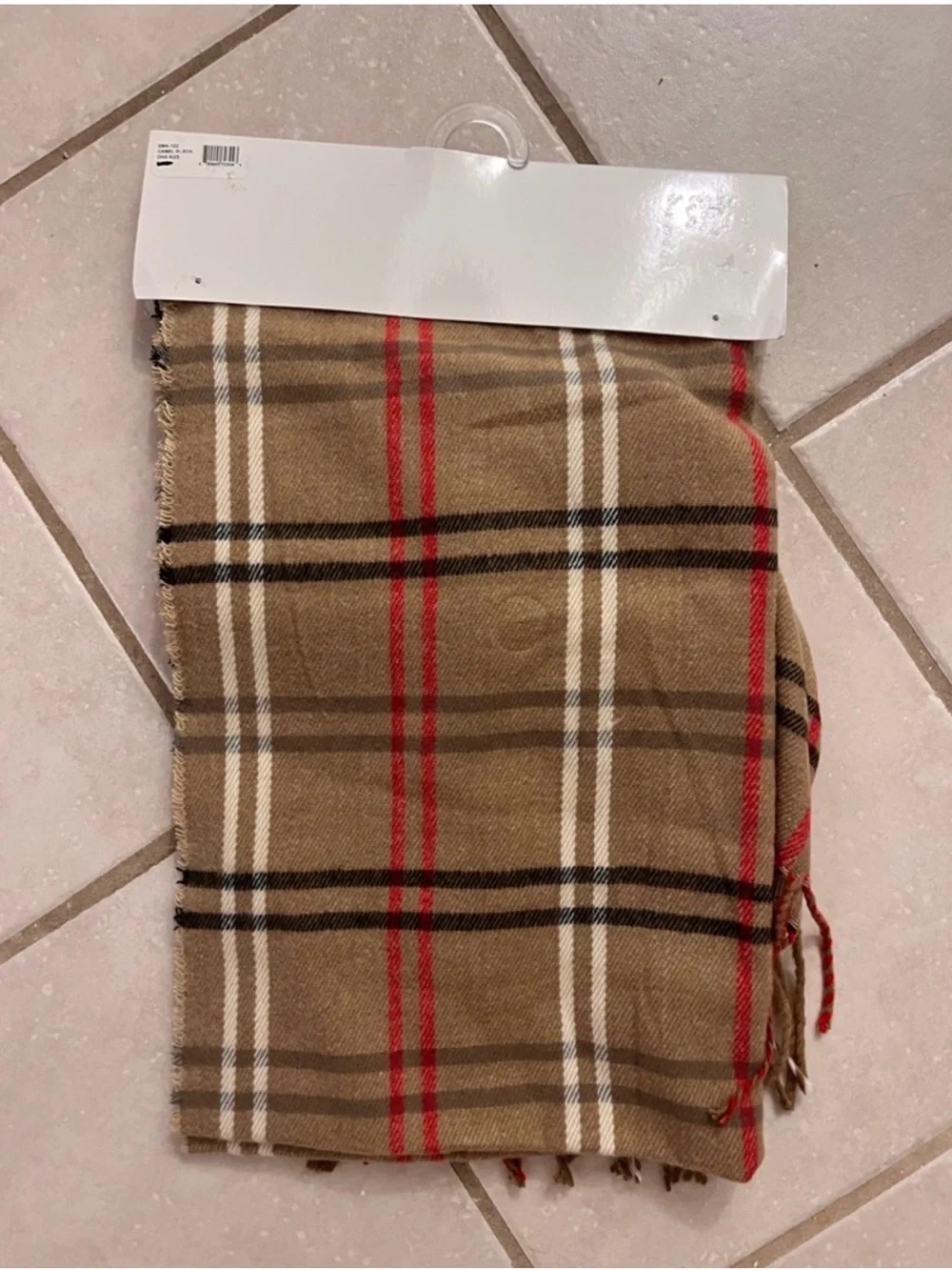 Steve Madden Tan Plaid Fringe Scarf